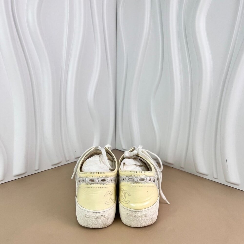 Chanel White Leather Perforated Lace-Up Sneakers With Yellow Toe Cap & Heel Acce - Picture 4 of 8